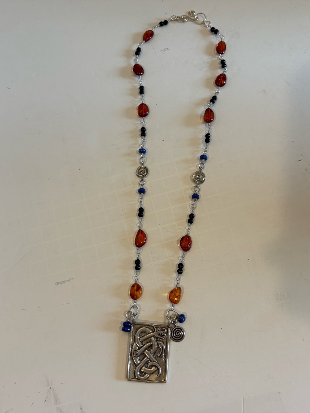 Artisan Made Pendant Necklace W/Amber, Jet, Lapis, Sterling & Handmade Clasp